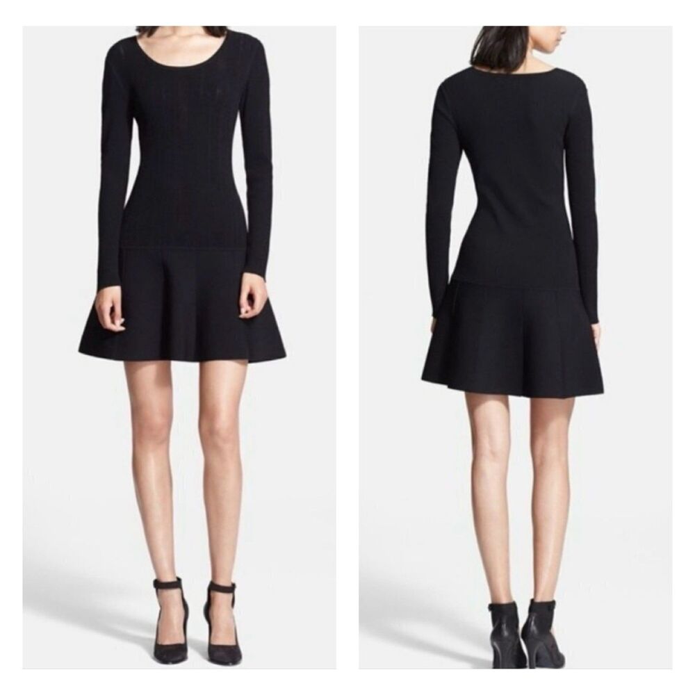 RAG & BONE Isla Black Knit Long Sleeve Fit & Flare Scoop Neck Mini Dress, S